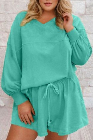 Solid Plus Size Pullover And Loose Shorts Set