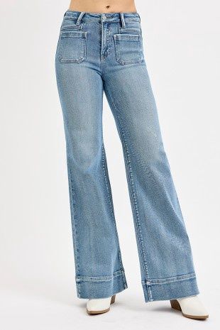 High Rise Wide Flare Patch Pocket Jean
