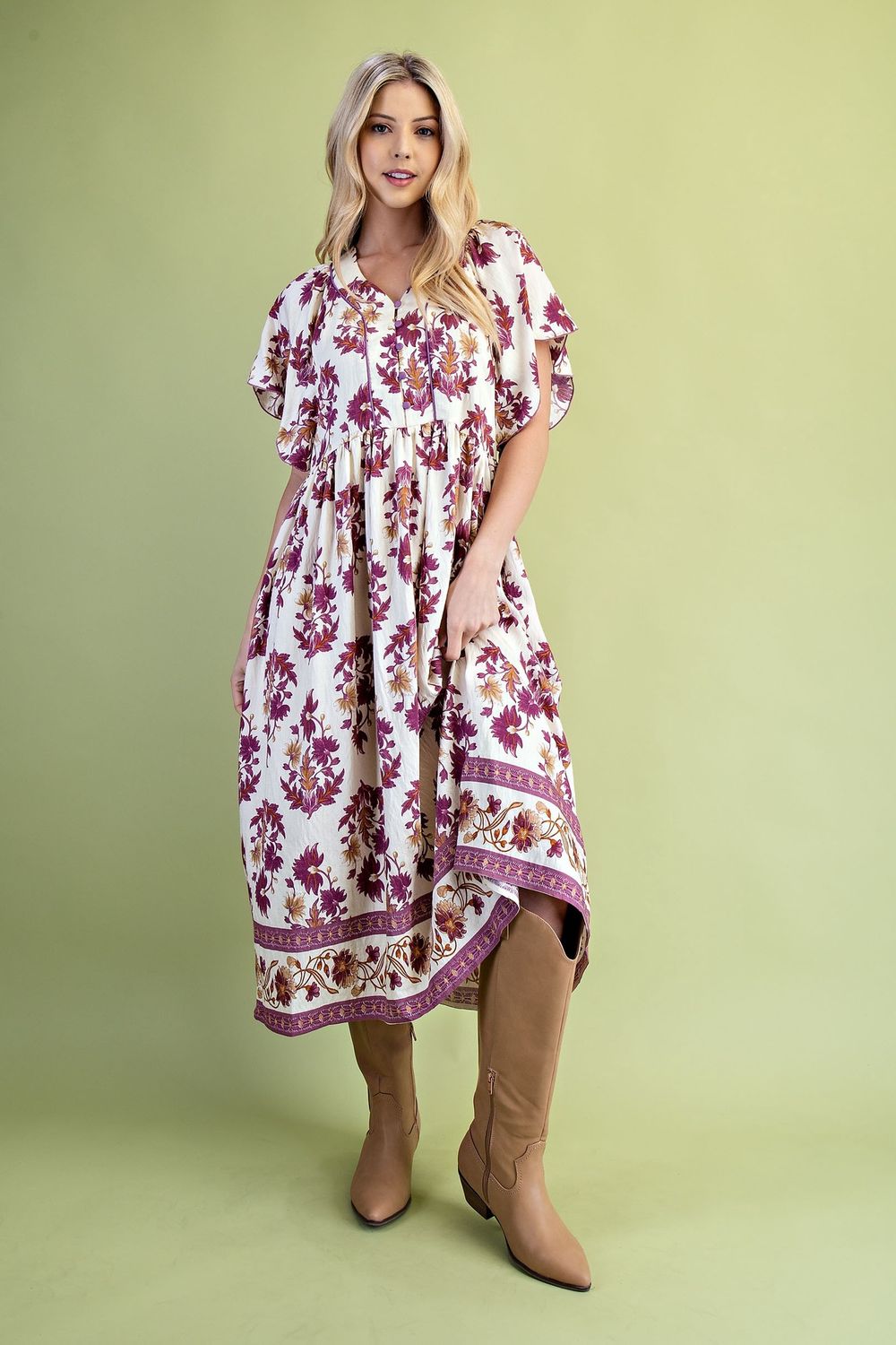Floral Fall Printed V-neck Midi Dress