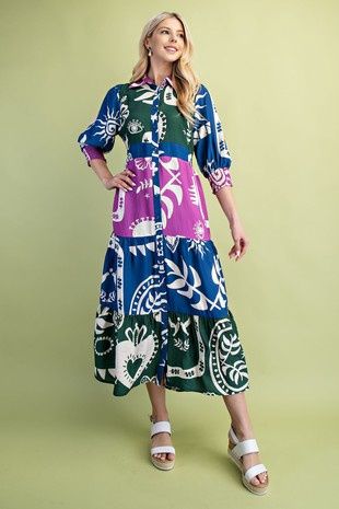 Printed Color Block Shirt Dress