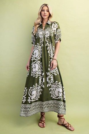 Mixed Print Short Puff Sleeve Midi Dress