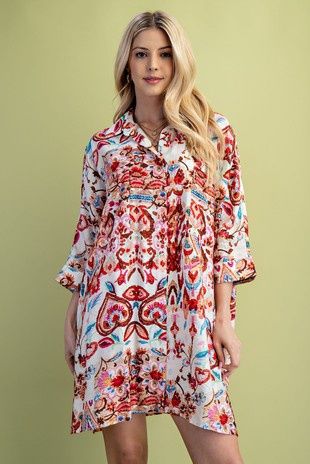 Watercolor Print Button Down Shirt Dress
