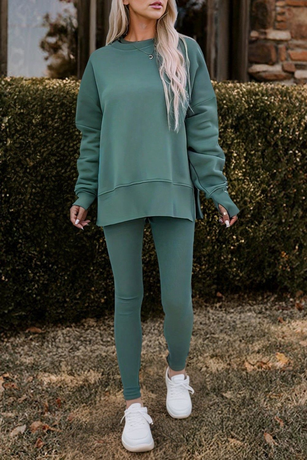 Solid Oversize Sweatshirt Ribbed Leggings Set