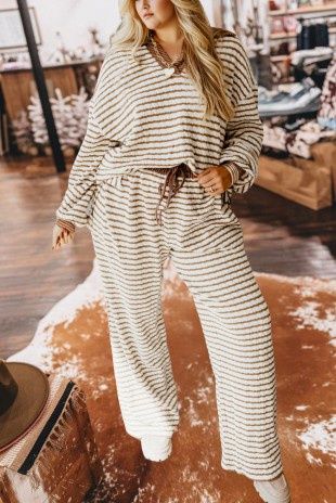 Stripe Plus Size Loose Pullover Wide Leg Pants Set