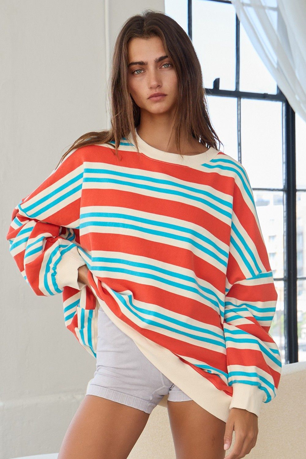 Striped Terry Oversized Sweatshirt Top