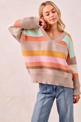 Multi Colors Stripes Rib Banded V-neck Sweater Top