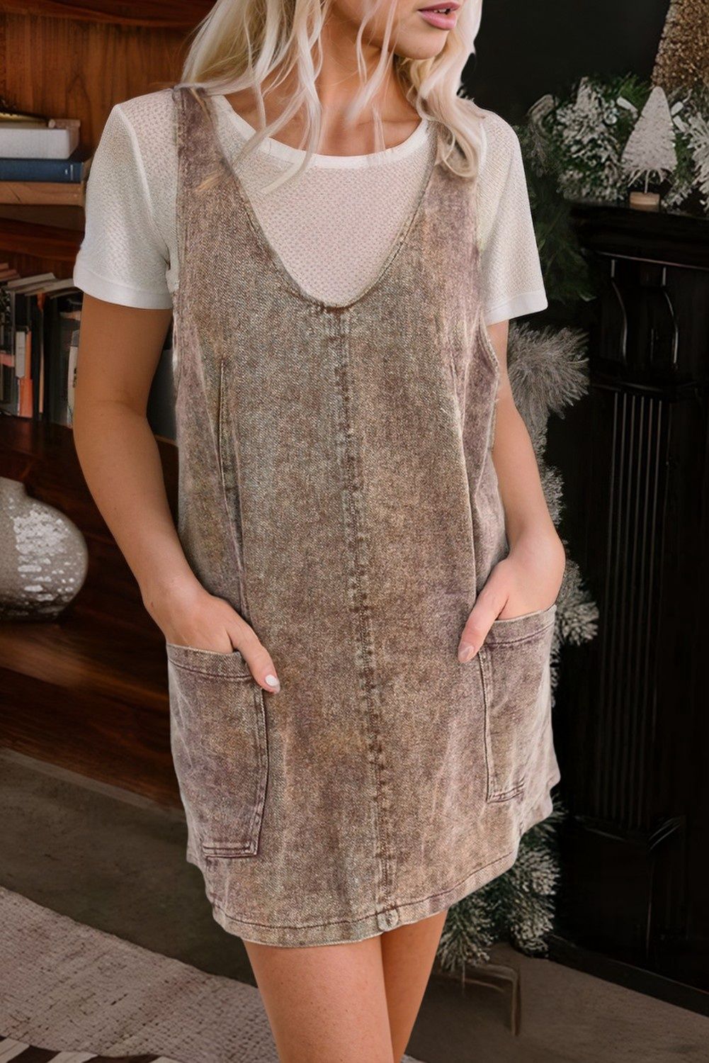 Vintage Washed Denim V Neck Suspender Mini Dress