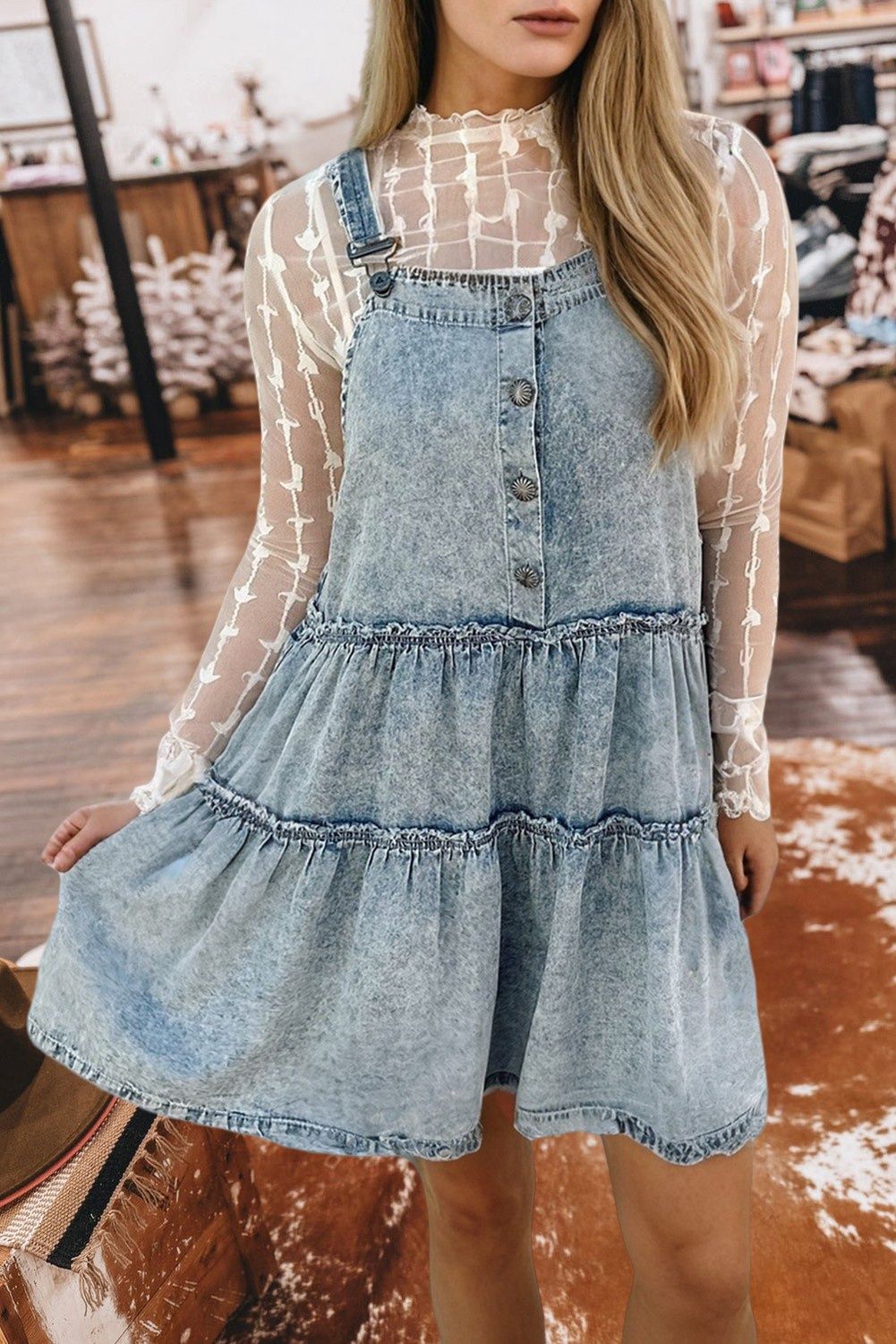 Light Wash Tiered Flowy Overall Denim Dress