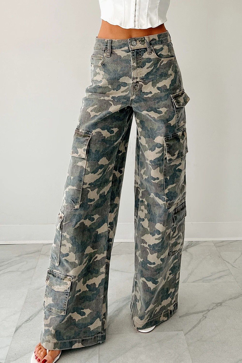 Camo Multi Pocket Cargo Wide Leg Jeans
