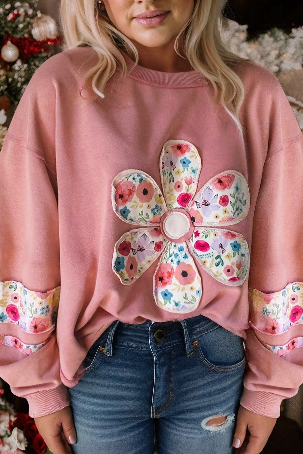 Plus Size Floral Applique Drop Shoulder Sweatshirt