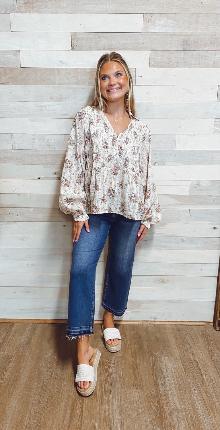 Floral Printed Woven V Neck Top With Smocked Detail
