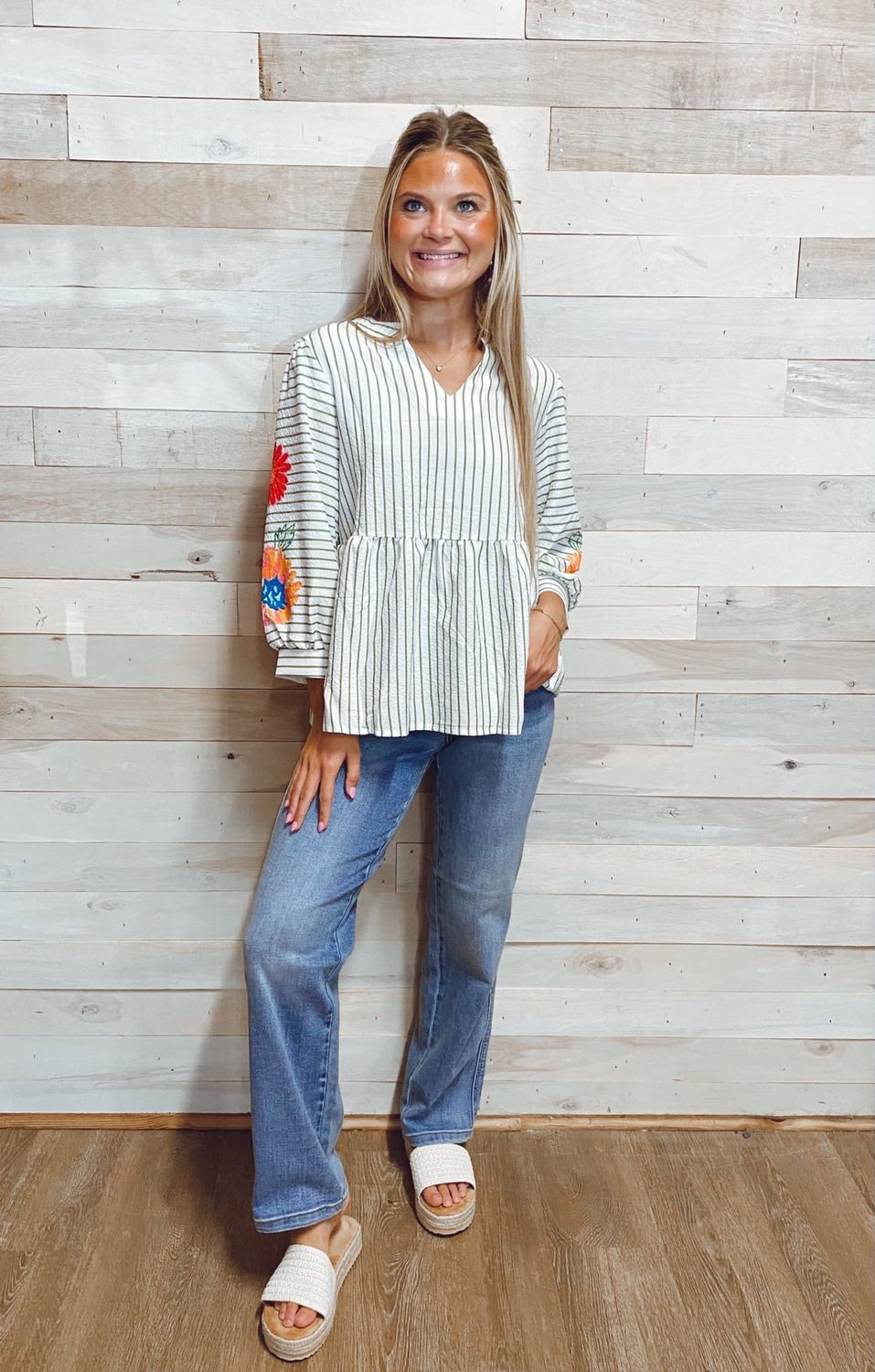 Stripe Flower Embroidered Babydoll Blouse