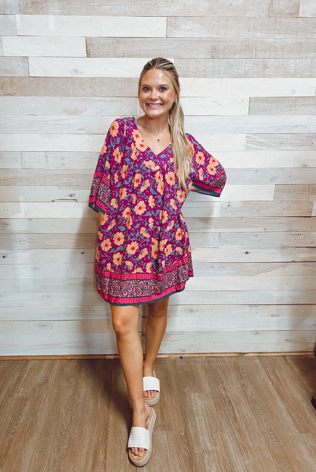 BORDER PRINTED RAYON CHALLIS DRESS