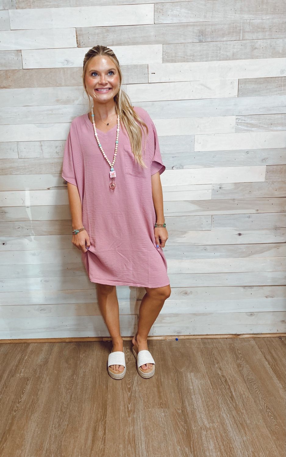 Woven Airflow V Neck T Shirt Dress With Pockets