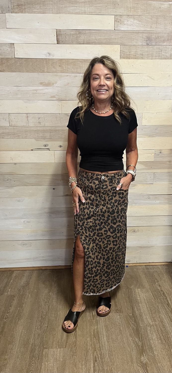 Leopard Denim Frayed Split Denim Midi Skirt