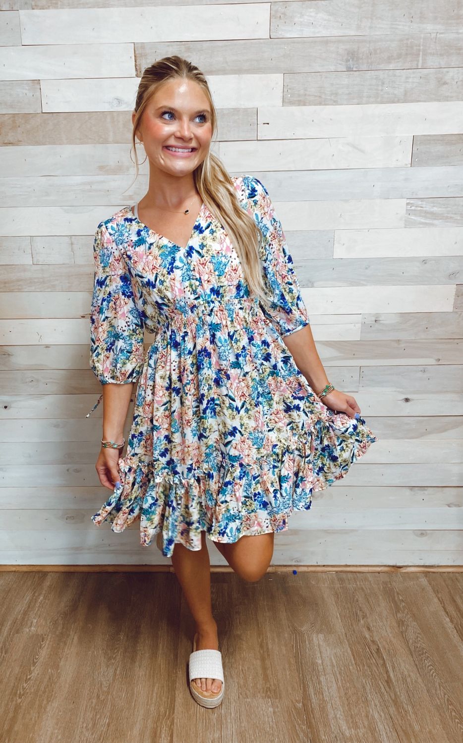 Floral 3/4 Sleeve V Neck High Waist Ruffled Dress