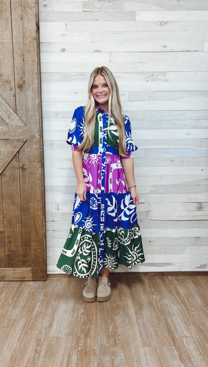 Printed Color Block Shirt Dress