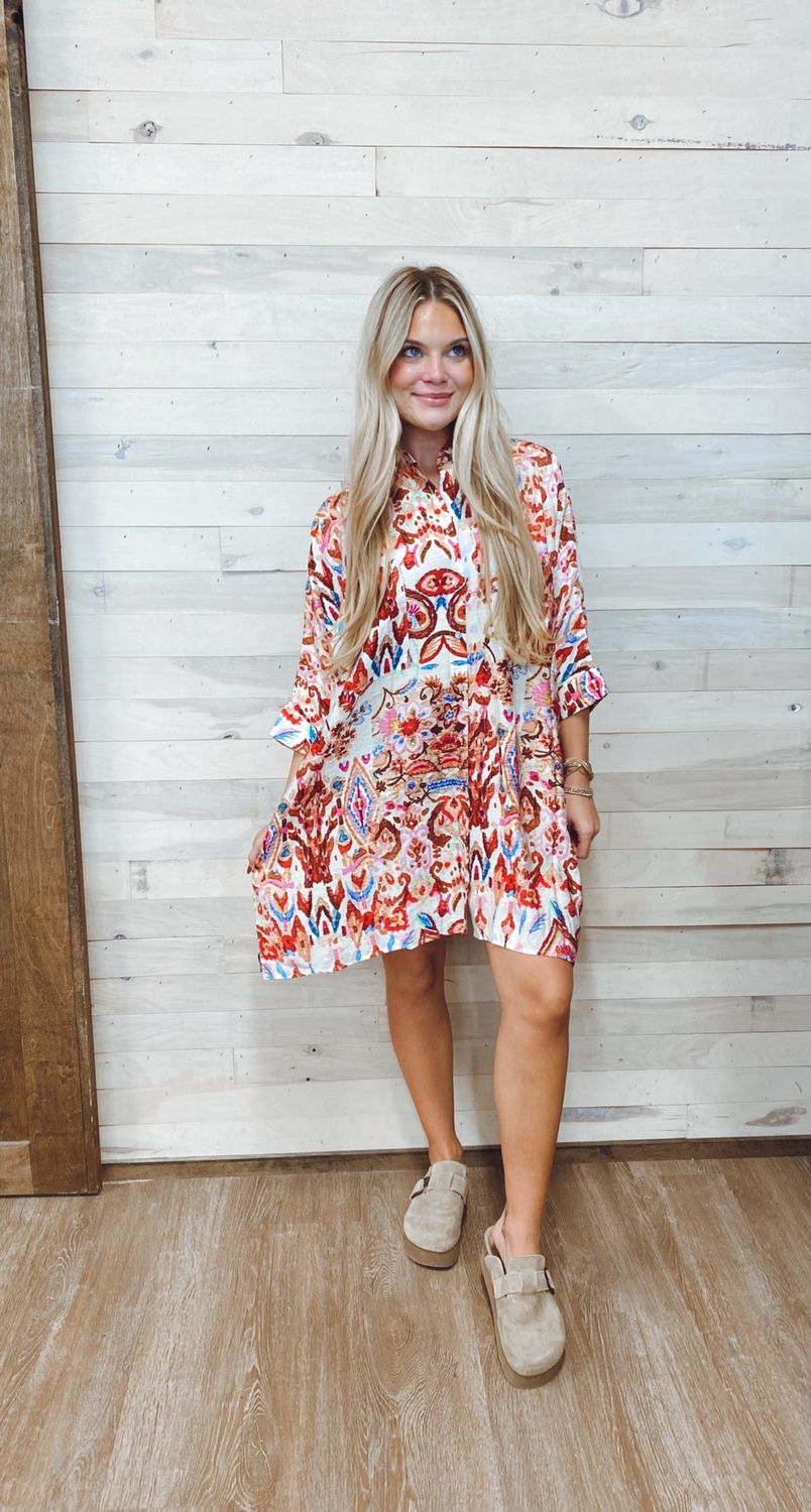 Watercolor Print Button Down Shirt Dress