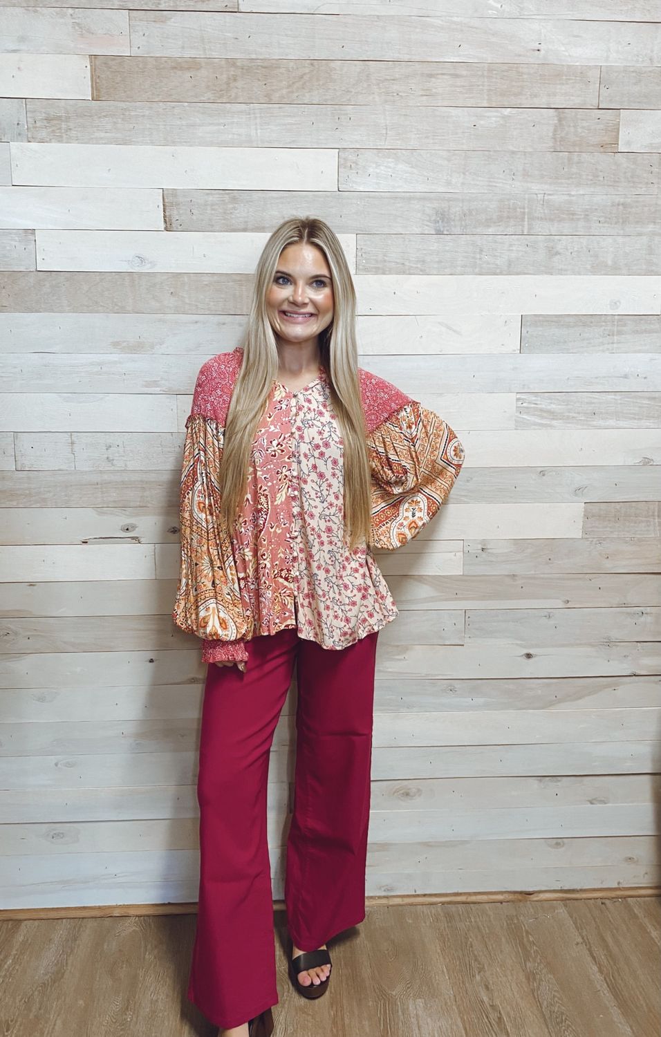 BUTTON FRONT PRINT MIXED BLOUSE