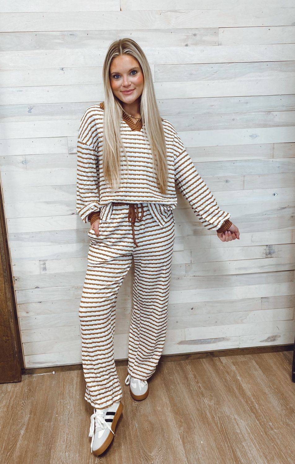 Stripe Textured Collared Pullover Drawstring Set