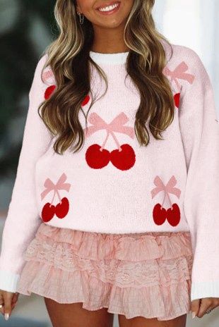 Cherry Pattern Drop Shoulder Sweater