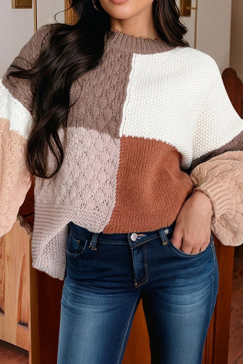 Mix Texture Colorblock Knit Baggy Sweater