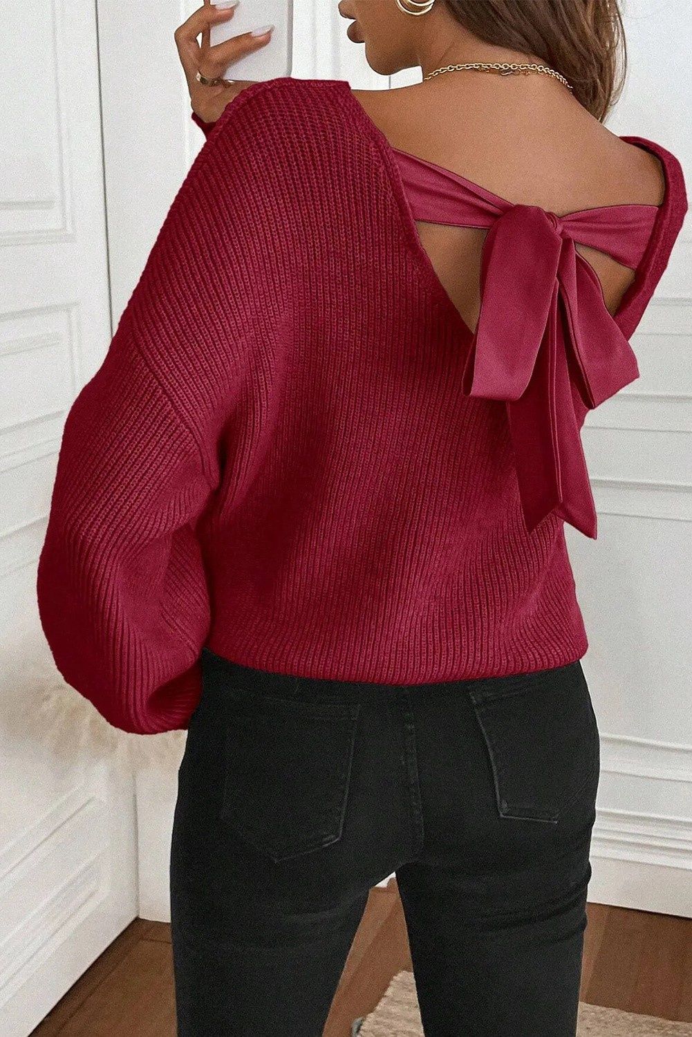 Ribbed Knit Contrast Bow Sweater