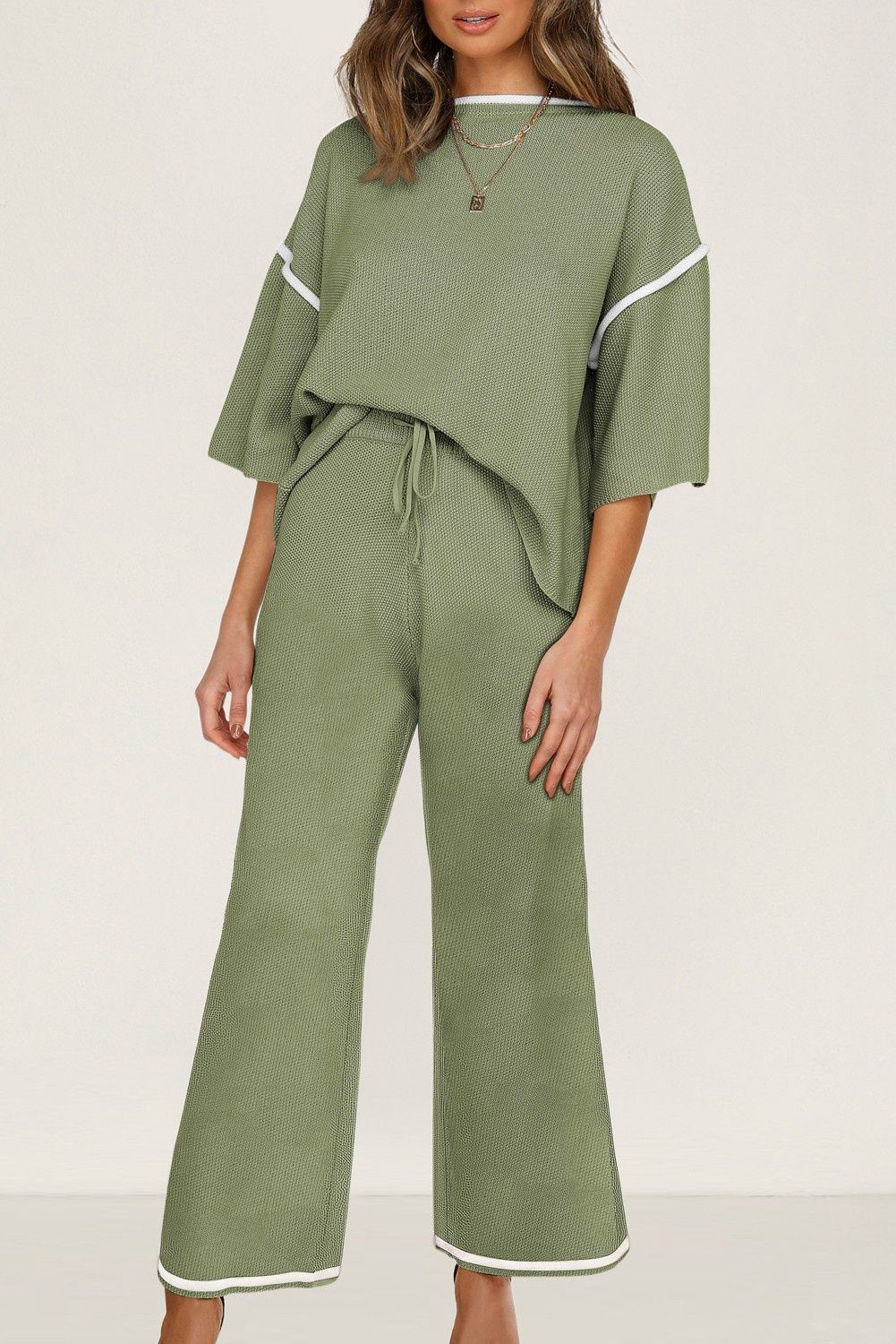 Contrast Trim Top And Drawstring Pants Set