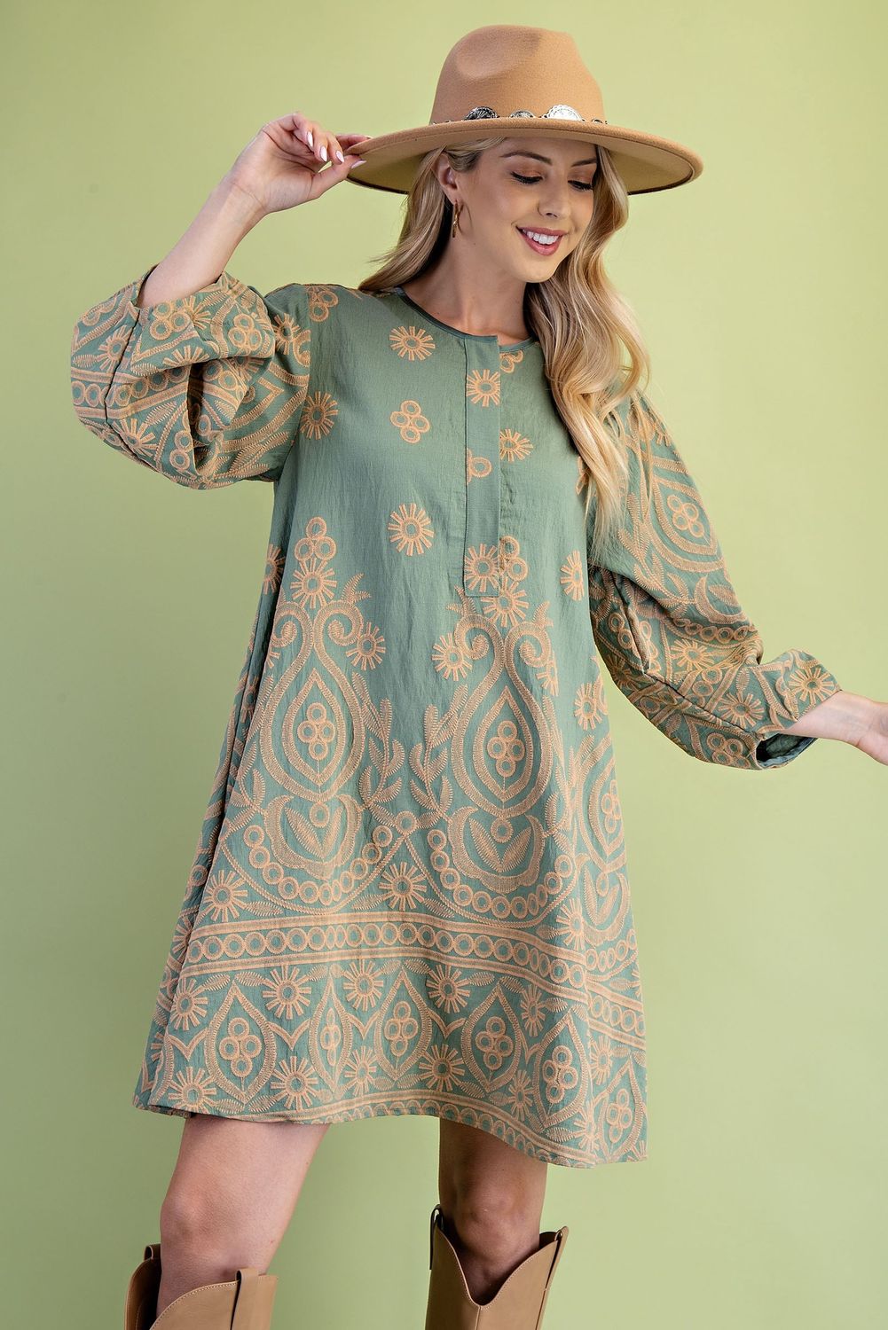 Textured Print Dress With Pleated Long Sleeves