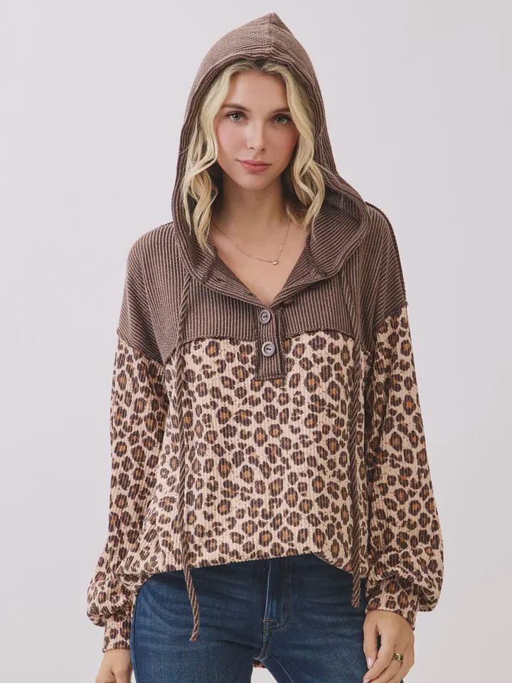 Leopard Print Button Front Drawstring Hooded Sweatshirt
