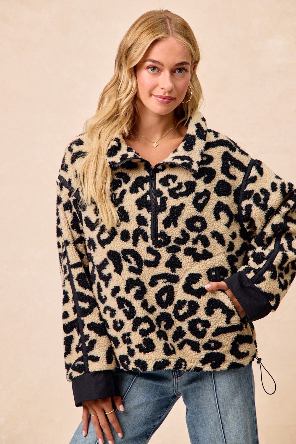 Leopard Sherpa Fleece Half Zip Up Top With Pockets