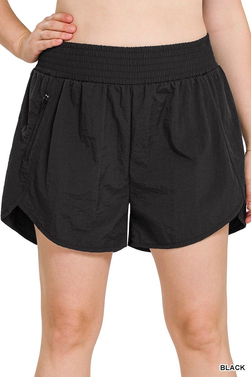 PLUS WINDBREAKER SMOCKED WAISTBAND RUNNING SHORTS, Colour: Black, Size: 1X