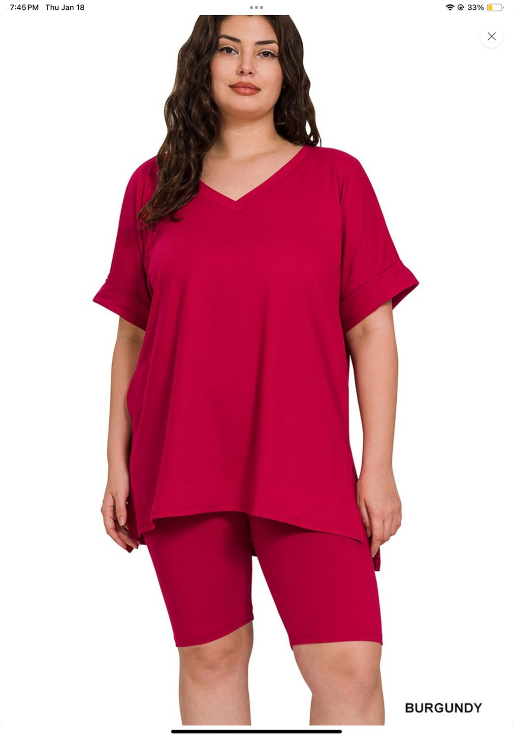 PLUS Brushed DTY Microfiber VNeck Top &amp; Biker Shorts Set, Colour: Burgundy, Size: 1X