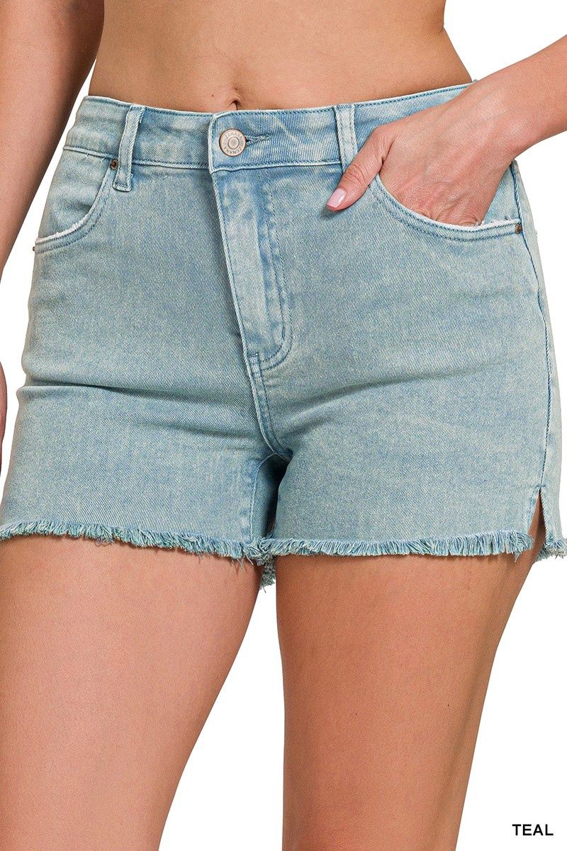 ACID WASHED FRAYED CUTOFF HEM SHORTS, Colour: Teal, Size: Small