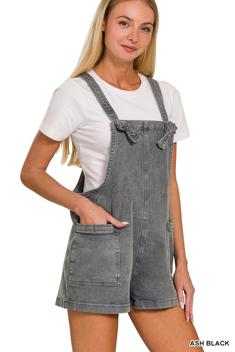 WASHED KNOT STRAP ROMPERS, Colour: Ash Black, Size: Small