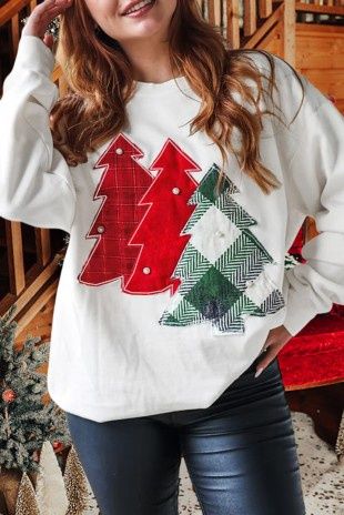 Pearl Plaid Christmas Tree Patched Sweatshirt