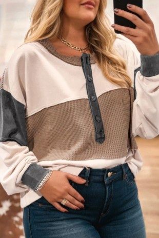 Waffle Colorblock Button Plus Size Top