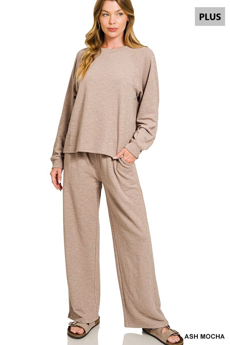 Plus Slub Long Sleeve Top &amp; Pants 2pcs Set