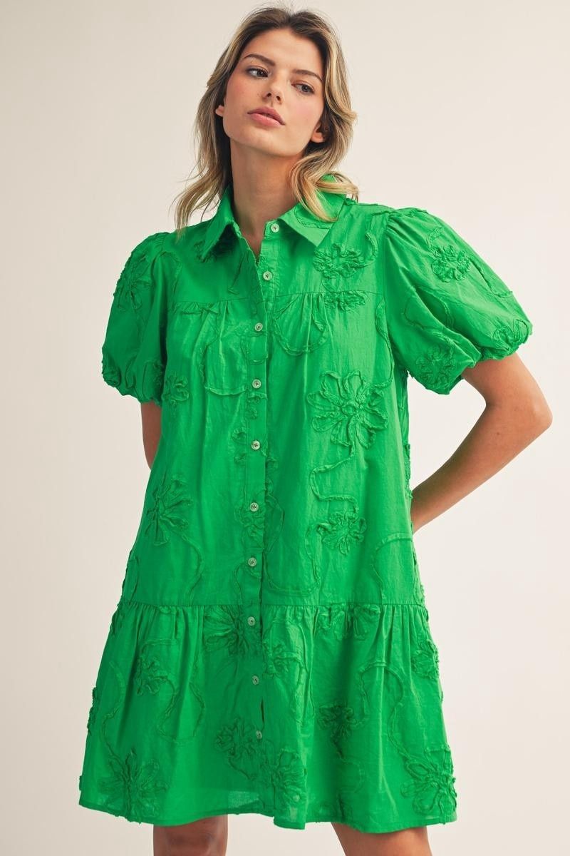 Button Down 3d Floral Pattern Dress