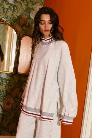 Striped Rib Band Details Mock Neck Sweatshirt Top