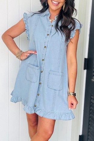 Ruffled Edge Collared Denim Dress With Pockets