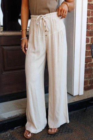 Drawstring Elastic Waist Button Wide Leg Pants