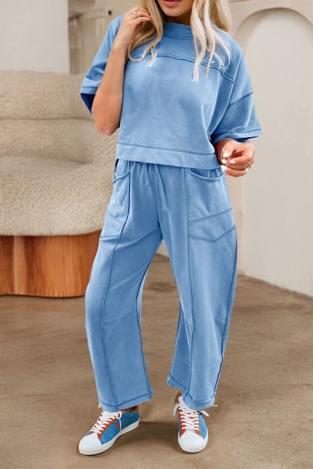 Solid Short Sleeve Shirt And High Waist Pants Set