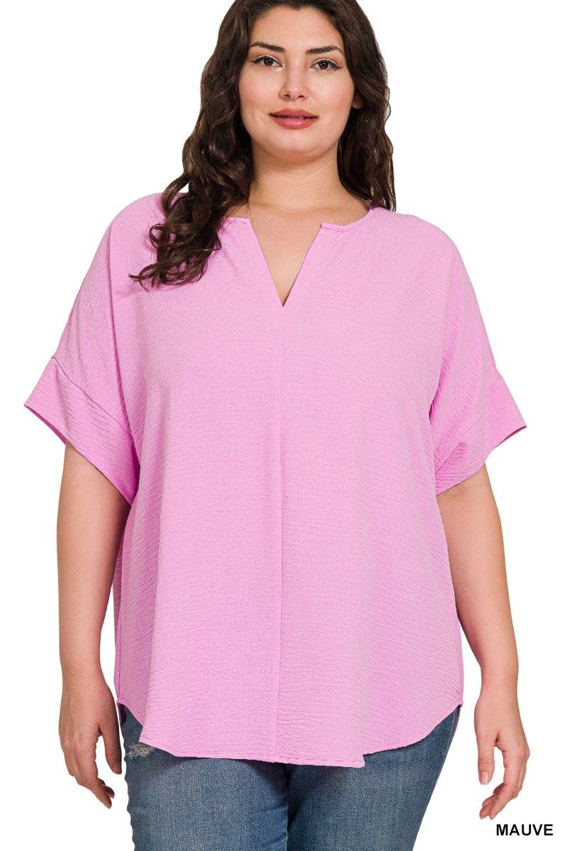 Plus Woven Airflow Split Neck Short Sleeve Top