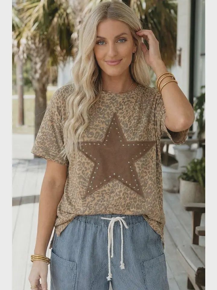 Leopard Retro Studded Star Patch Loose Tee
