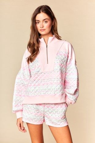 Pastel Patchwork Quilted Half-zip Pullover Set