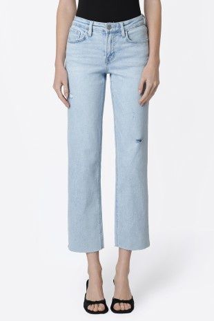 Mid Rise Clean Cut Raw Hem Ankle Straight Jeans