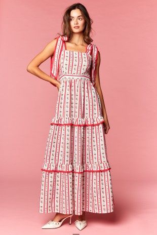 Floral Stripe Ribbon Shoulder Maxi Dress