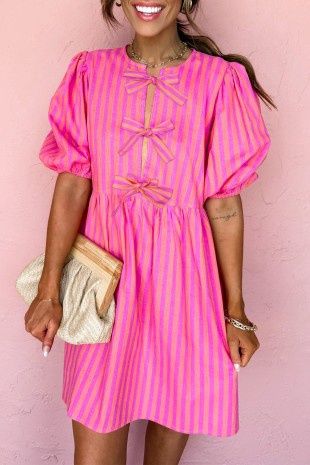 Striped Print Bow Short Puff Sleeve Mini Dress