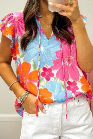 Flower Printed Tie V Neck Ruffle Trim Sleeveless Blouse